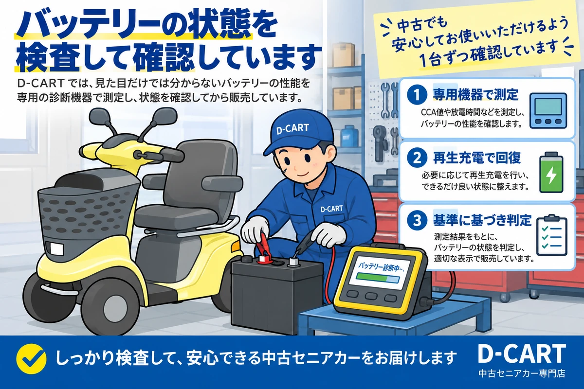 整備士が黄色いセニアカーのバッテリーを測定機器で検査し、状態を確認する様子