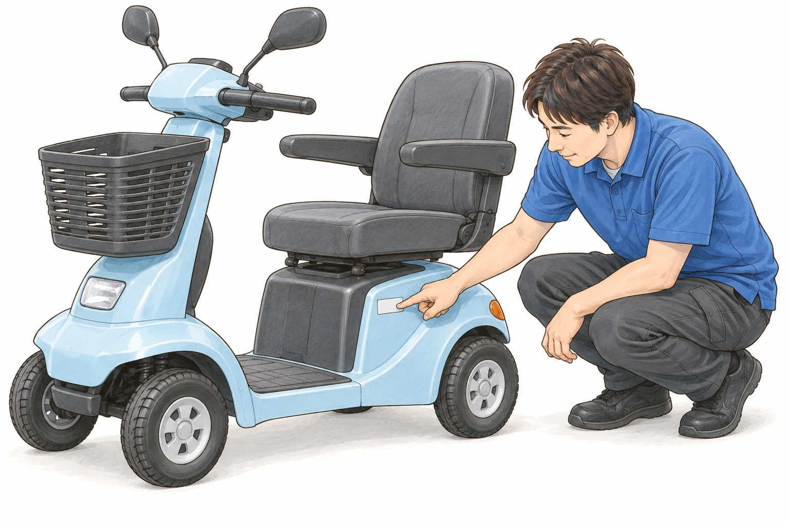水色のセニアカーの車体表示を確認するD-CARTスタッフのイメージ