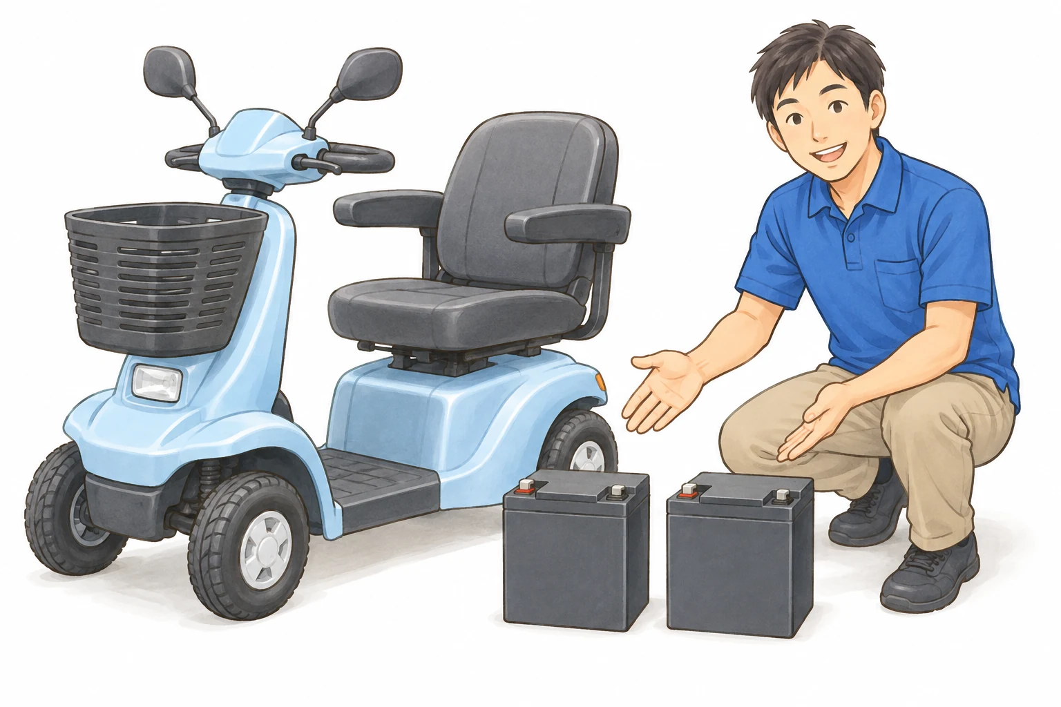 セニアカーの交換用バッテリー2個を説明するD-CARTスタッフのイメージ