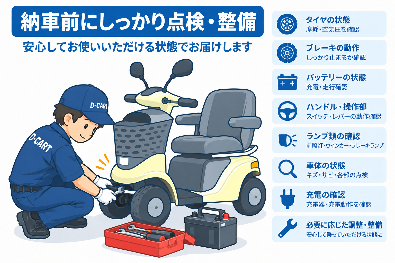 セニアカーを納車前に点検整備している様子
