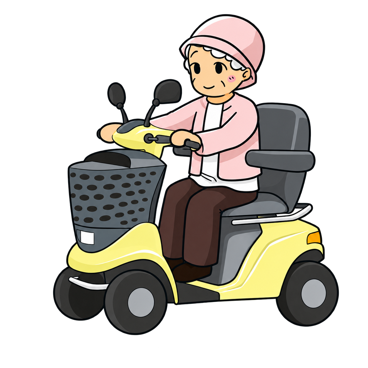 黄色いセニアカーに乗る高齢女性