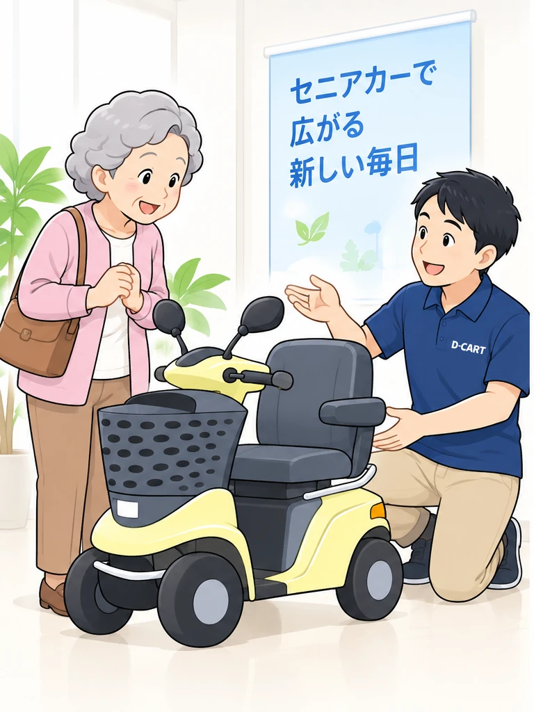 D-CARTスタッフがセニアカーについてお客様に説明する様子
