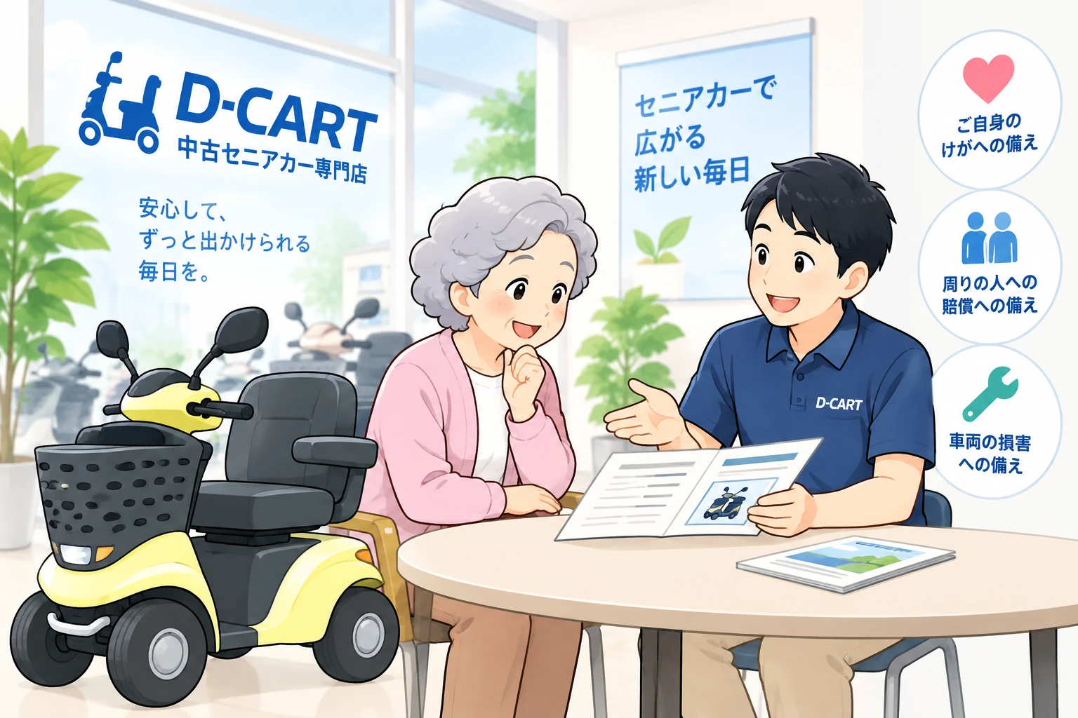 D-CARTスタッフがセニアカーの保険や事故への備えについて説明する様子