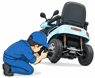 セニアカーの車体下を撮影して確認するスタッフ